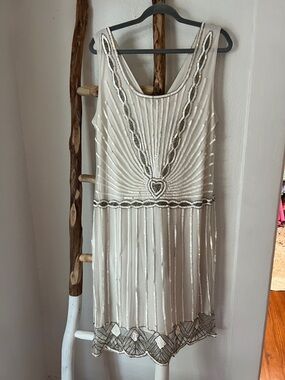 Gatsby Lady London White Silver Sequined Retro 20s Bride Beaded Mini Dress XL